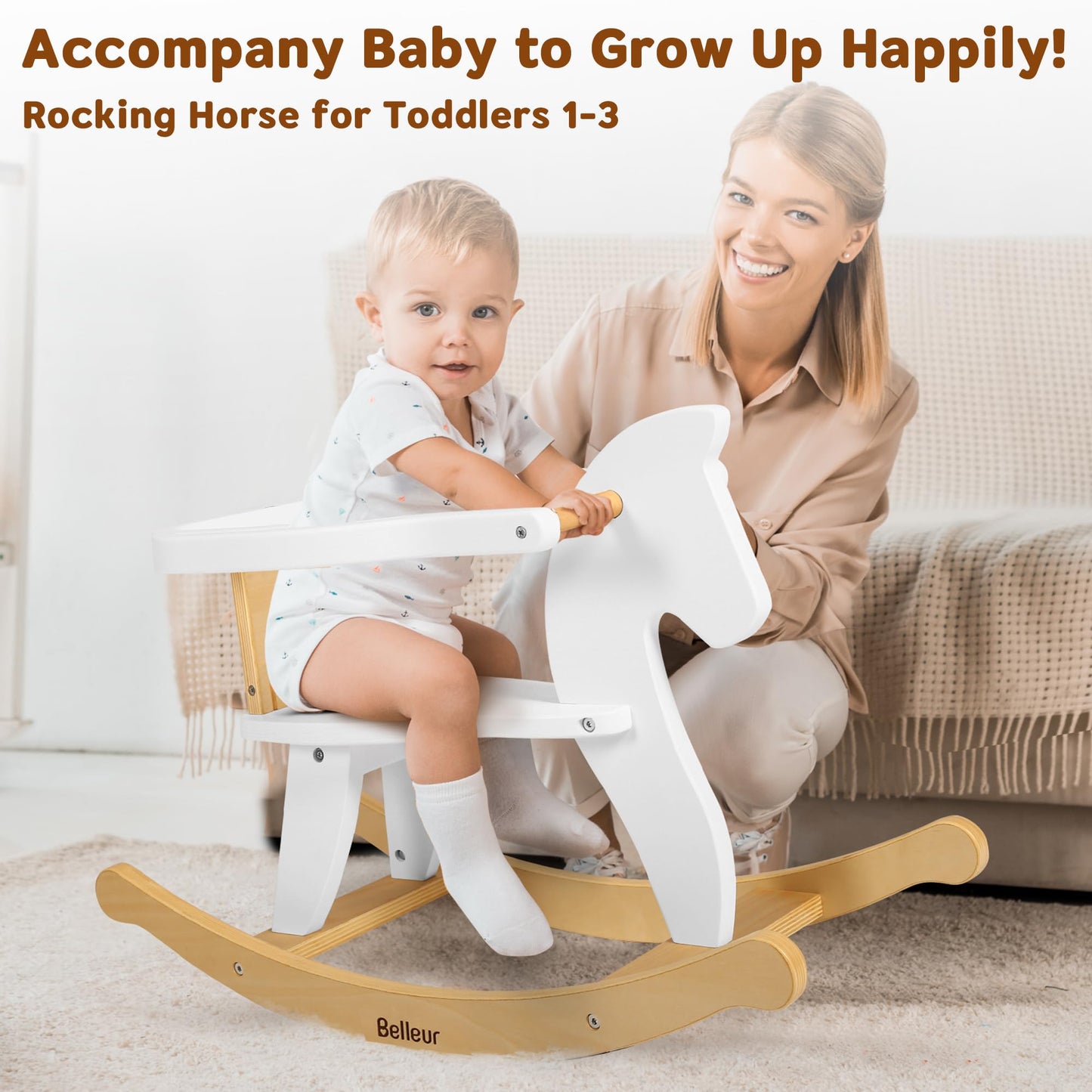 Wooden Belleur rocking horse for kids aged 1-3, toddler riding toy with removable fence for indoor and outdoor play.