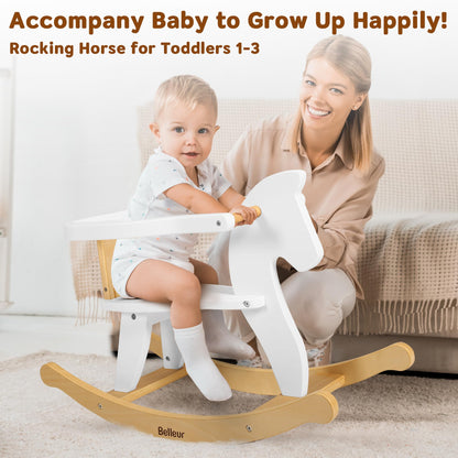 Wooden Belleur rocking horse for kids aged 1-3, toddler riding toy with removable fence for indoor and outdoor play.