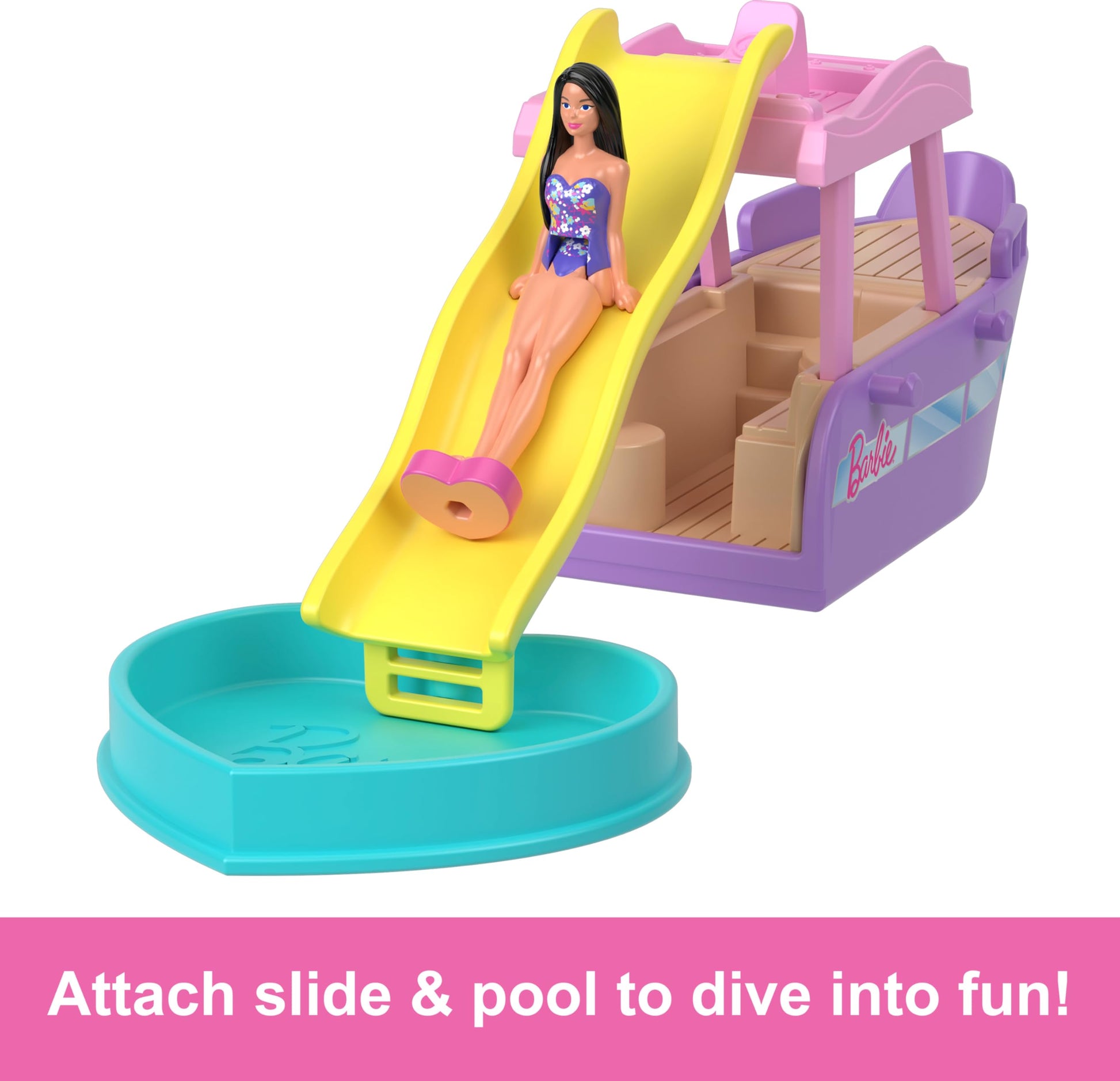 Mini BarbieLand doll and toy boat set with color-change features, detachable slide, and pool, including a 1.5-inch Barbie doll.