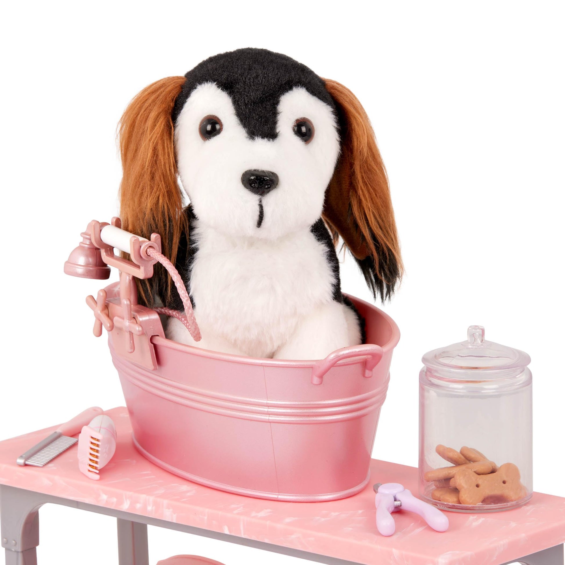 Our Generation Scrub & Style Pet Grooming Set featuring a bathtub and realistic grooming tools for pretend play.