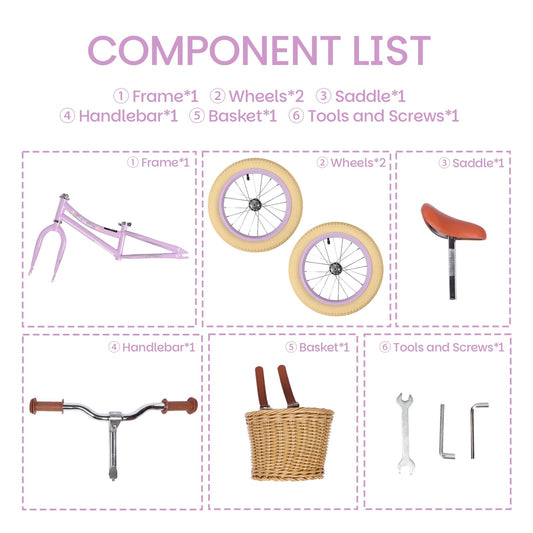 14 Inch Balance Bike for Kids, Lightweight Height-adjustable Bike with Removable Basket, Carbon Steel Frame and Rubber Pneumatic Tires, Toddler Balance Bike for 3,4,5,6, Years Old (Light Purple)