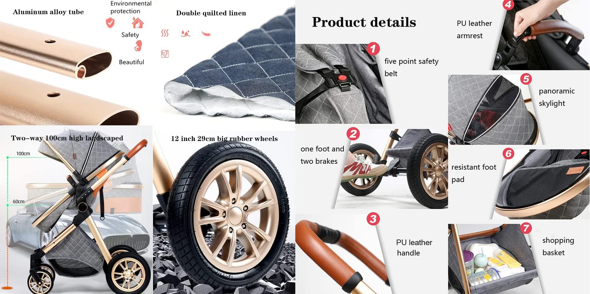 Boneelook baby stroller 3-in-1 pram and pushchair with blue denim fabric and rose gold aluminum frame, lightweight and foldable for newborns.