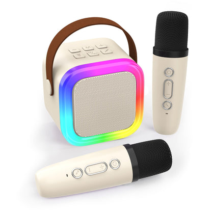 Koolcover mini karaoke machine with portable Bluetooth speaker, two wireless microphones, beige color, ideal for kids and family parties