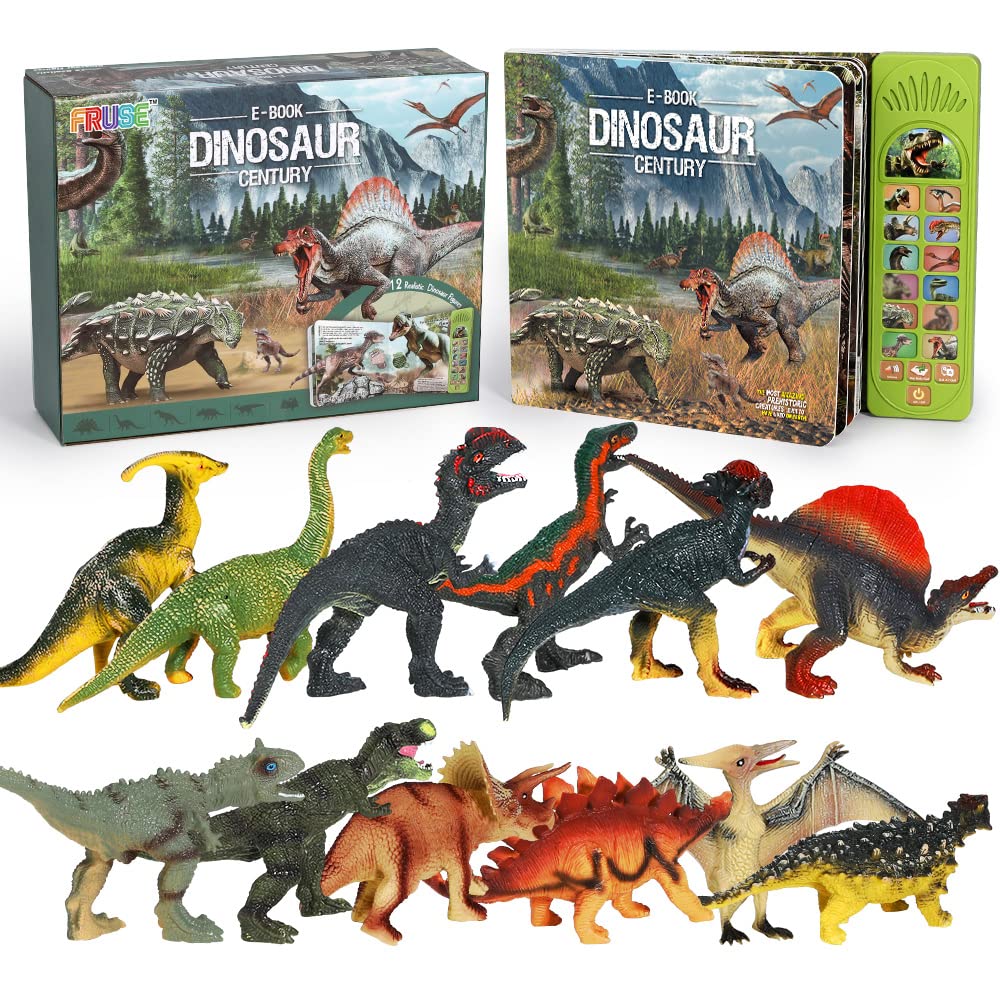 FRUSE Dinosaur Toys for Boys 3-5 with Interactive Sound Book,12 Pcs Dinosaurs Figures,Dinosaur Book with Sound,Toddler Dinosaur Learning Toys,Dino Present for Boys and Girls Age 3 4 5 6 7 8