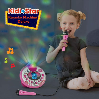 VTech Kidi Star karaoke system in pink with two microphones, microphone stand, and AC adapter, ready for kids' singing fun.