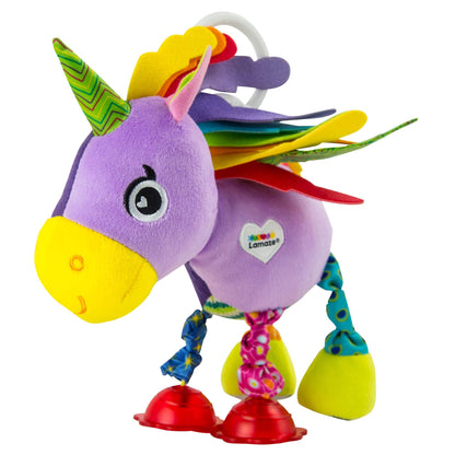 LAMAZE Tomy squeaky unicorn Tilly plush toy with textured fabric and squeaker, designed for infants and young children.