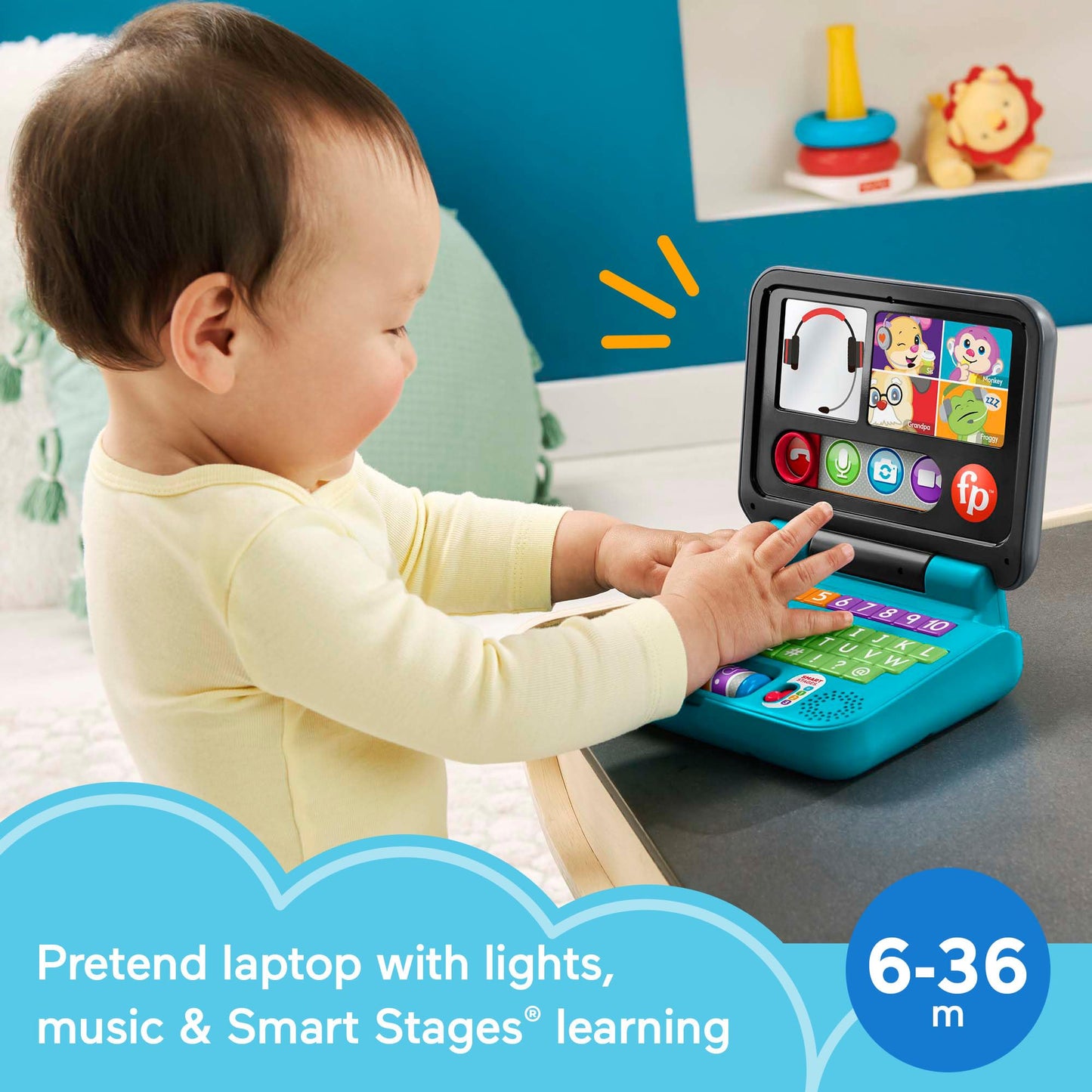 Fisher-Price Laugh & Learn Let's Connect Laptop for infants, electronic toy with colorful buttons and Smart Stages learning content.