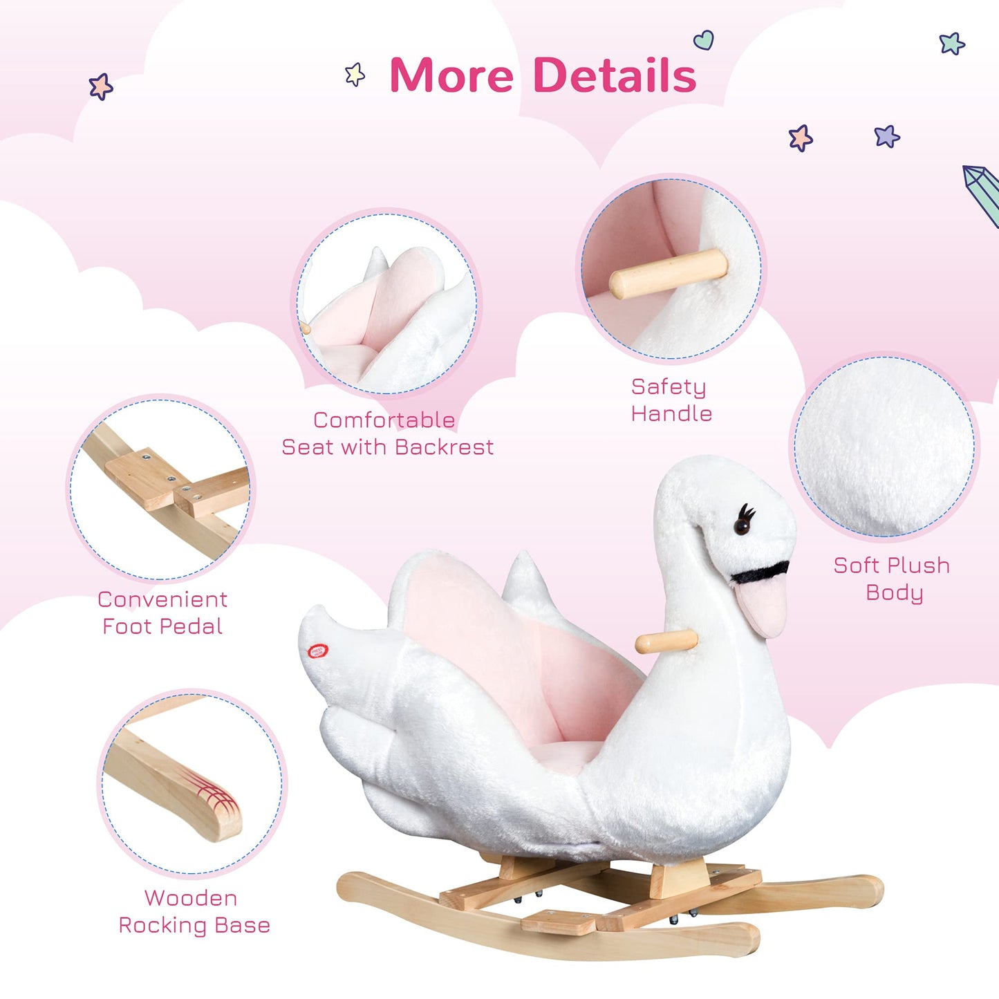 HOMCOM Kids Rocking Horse Plush Ride On Swan Toy w/Safety Seat for Toddler 18 Months +, White and Pink