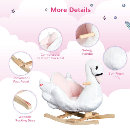 HOMCOM Kids Rocking Horse Plush Ride On Swan Toy w/Safety Seat for Toddler 18 Months +, White and Pink