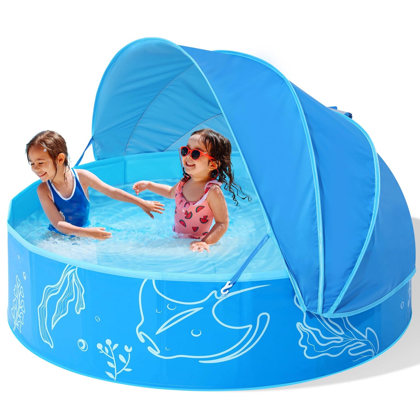 Hikiddy Paddling Pool with Shaded: 47in Pop-Up Splash Pool with Shade for Summer Beach Garden (Blue, 47in)