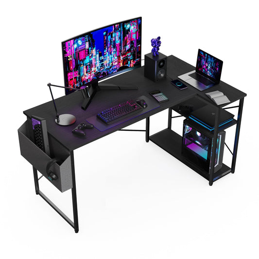 BEXEVUE L-shaped gaming desk in black with large reversible storage shelves and a storage bag, ideal for study, work, or gaming.