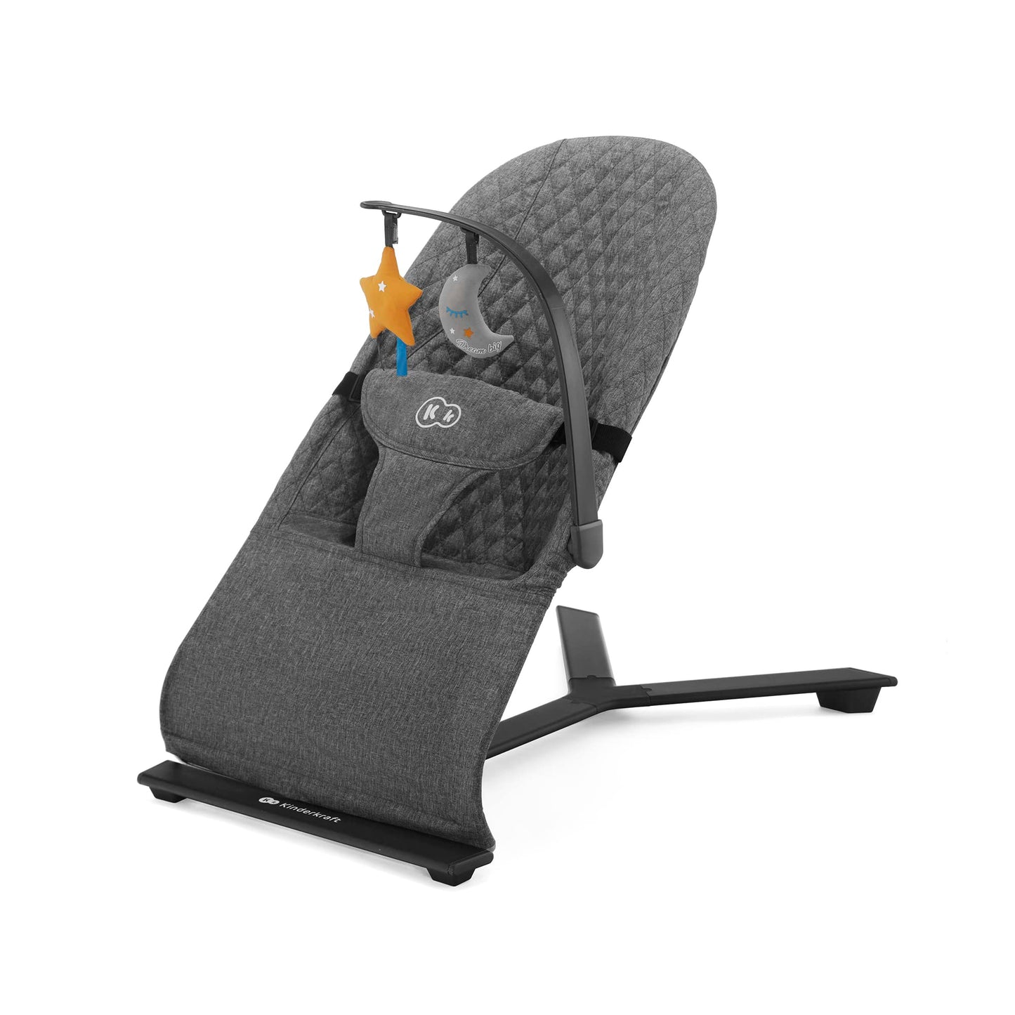 Kinderkraft Mimi baby bouncer chair with soft gray fabric, adjustable seat, toy bar, non-slip base, designed for newborns 0-9 kg.
