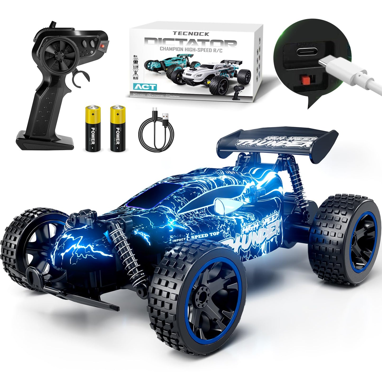 Tecnock Remote Control Cars for Kids, 1:18 Scale RC Racing Cars with LED, 2.4GHz All Terrain RC Car with 2 Rechargeable Batteries for 50 Min Play, Indoor Outdoor Toys Gifts for Boys and Girls