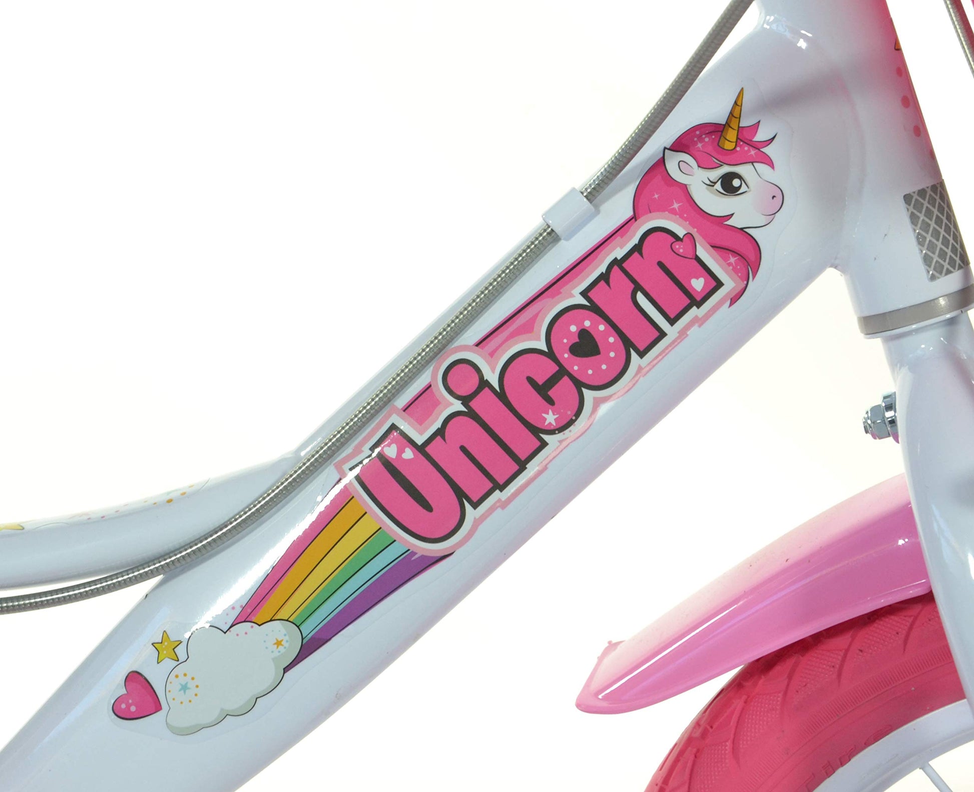 Dino Bikes 16-inch girls' unicorn kids bike in white and pink with doll seat, basket, and stabilizers on a white background