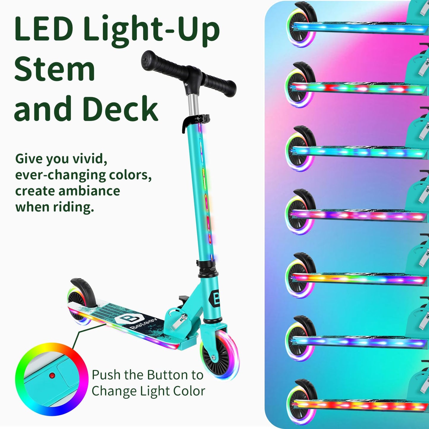BELEEV kids' folding scooter with light-up wheels, adjustable height, non-slip deck, suitable for children ages 3-12.