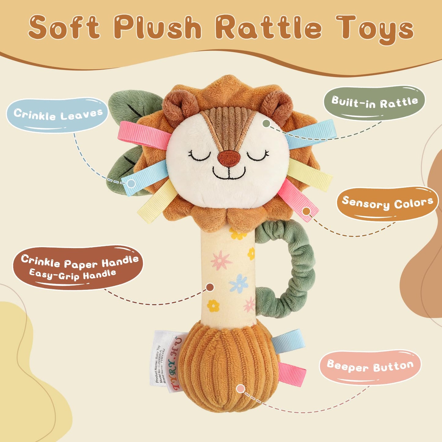 TYRY.HU Baby Rattle Toy,Plush Lion Sensory Shaker with Bells, Crinkle & Squeaker,Soft Sensory Toy with Sound for Newborn Infant Toddler Girls Boys 0-12 Months