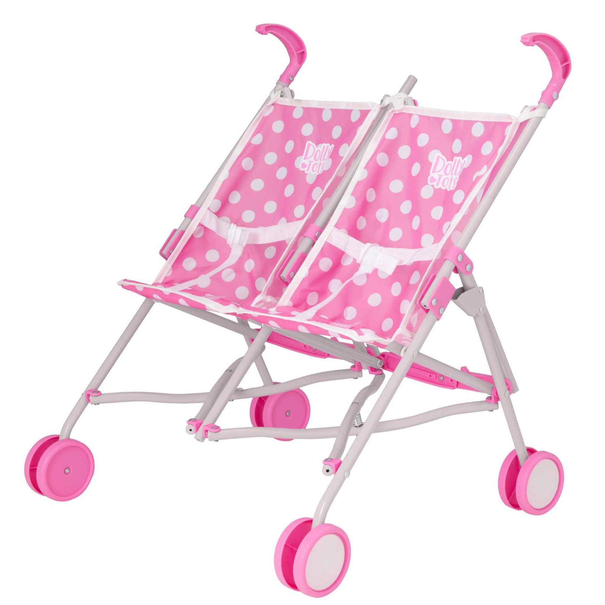 Pink Dolly Tots Twin Stroller with polka dot design, lightweight double dolls pram for kids, tandem pushchair, role play toy.