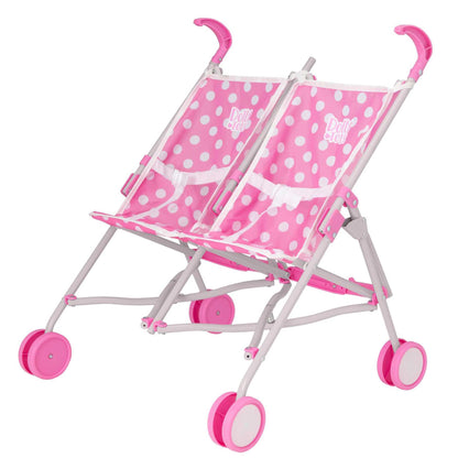 Pink Dolly Tots Twin Stroller with polka dot design, lightweight double dolls pram for kids, tandem pushchair, role play toy.