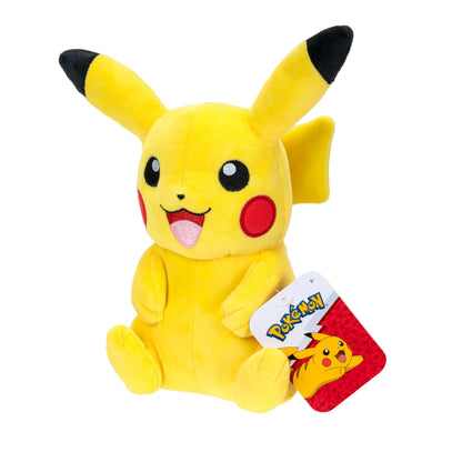 8-inch Pokémon Pikachu plush toy with cheerful expression and signature yellow color, perfect for collectors and fans.