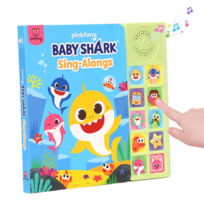 Pinkfong Baby Shark sing-along sound book with 10 buttons, featuring colorful nursery rhymes for toddlers and children.
