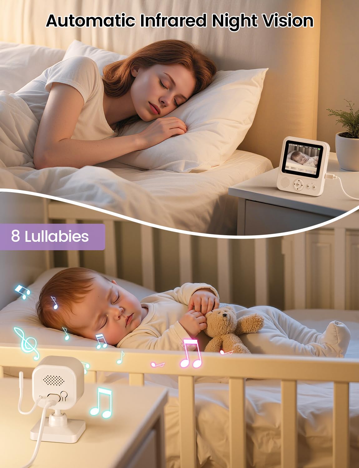 BURNNOVE baby monitor with camera and audio, 2.8-inch display, night vision, 2-way talk, temperature sensor, and lullabies.