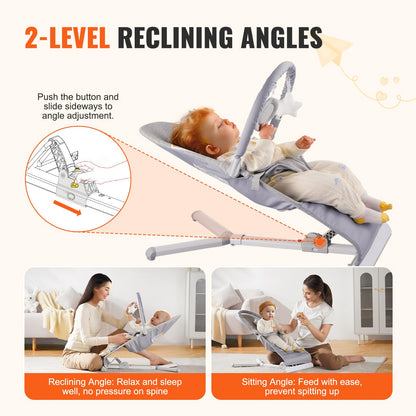 VEVOR baby bouncer seat with reclining options, rotatable toy bar, portable infant rocker for newborns 0-9 months, indoor outdoor use