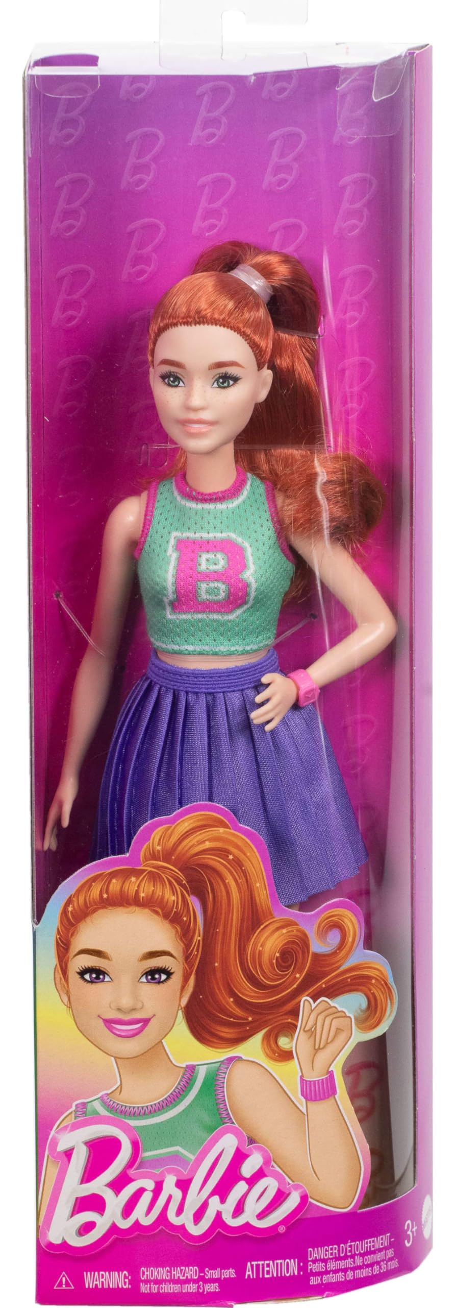 Barbie Fashionistas Doll #232 with red hair in a sporty 'B' jersey, pleated purple skirt, watch, and sneakers.