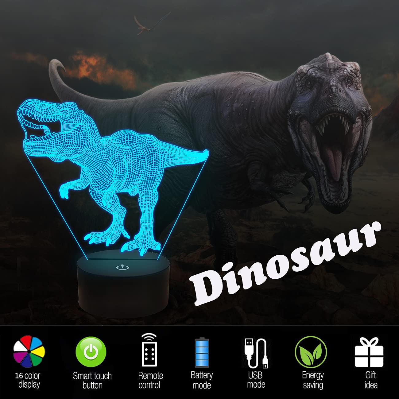 Dinosaur Gifts, Night Light for Kids Dinosaur T-rex 3D Night Light Bedside Lamp with Remote Control 16 Color Changing Xmas Halloween Birthday Gift for Child Baby Boy …
