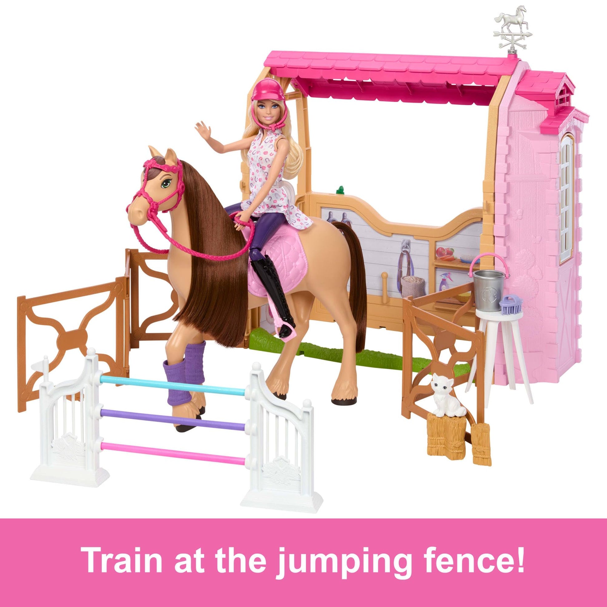 Barbie toy stable playset with doll, horse, and accessories, featuring 25+ pieces and six play areas inspired by Barbie Mysteries.