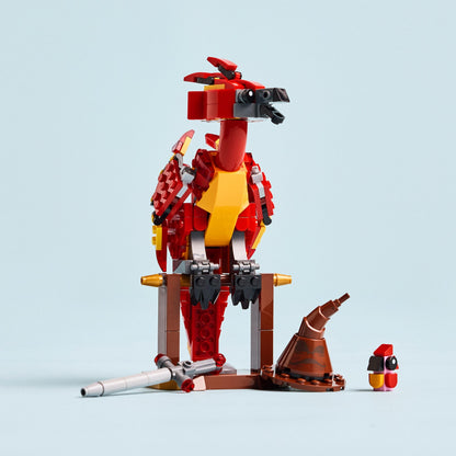 LEGO Harry Potter Fawkes figure with Sorting Hat and Sword of Gryffindor, ideal for play and display by kids 8+.