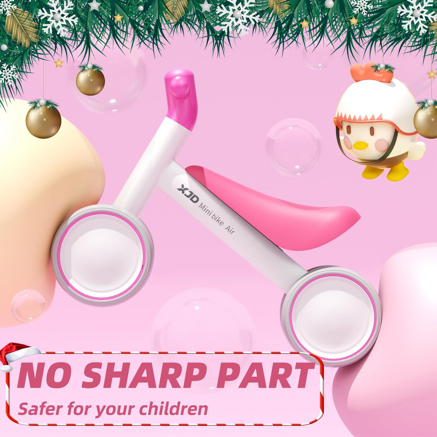 XJD baby balance bike in pink and white, designed for toddlers 10-24 months, featuring no pedals for easy riding.