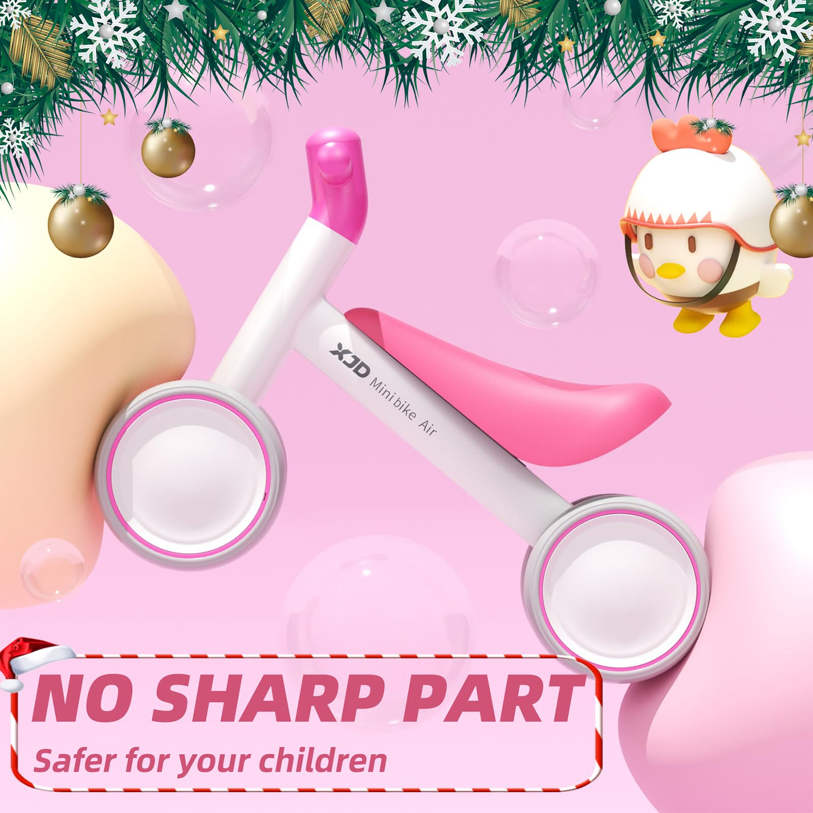 XJD baby balance bike in pink and white, designed for toddlers 10-24 months, featuring no pedals for easy riding.
