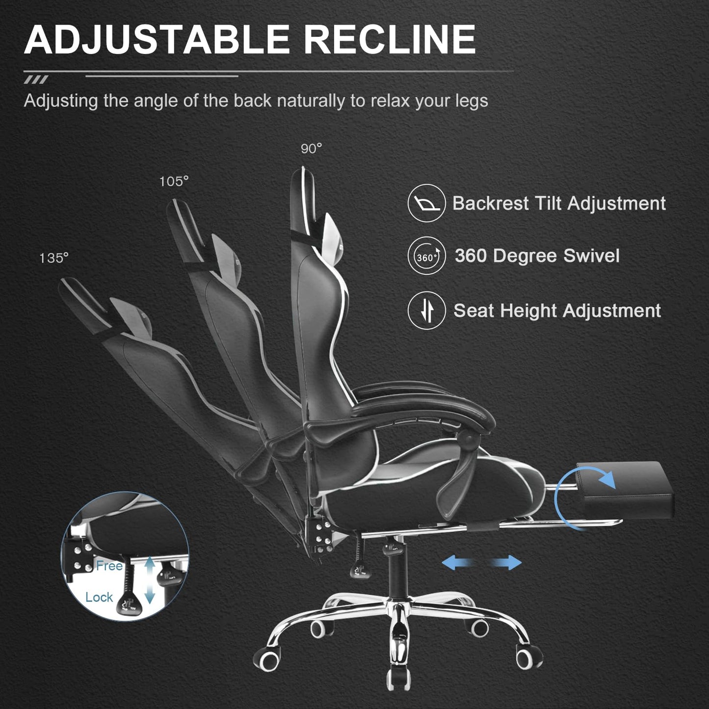 GTPLAYER Gaming Chair, Massage Computer Chairs with Footrest, Headrest and Lumbar Support Height Adjustable Ergonomic 360°-Swivel PC Chair White
