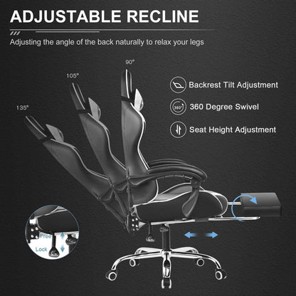 GTPLAYER Gaming Chair, Massage Computer Chairs with Footrest, Headrest and Lumbar Support Height Adjustable Ergonomic 360°-Swivel PC Chair White