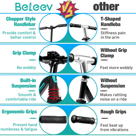 BELEEV Scooter for Kids Ages 6+, 200mm Big Wheel adult Scooters for Boys and Girls, 4 Adjustable Handlebar, Front Suspension, 2 Wheels Scooter with Carry Strap, up to 100Kg