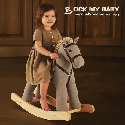 Rock My Baby Rocking Horse, Grey Wooden Horse with Sound Effects,Ride-on Toy,Balance Toy (Grey)
