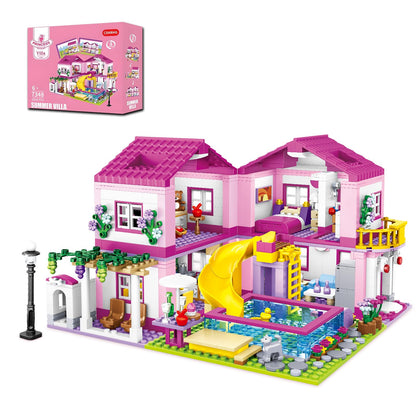 CSNRHG Pink Summer Pool Villa Building Block Set Friends Construction Educational Toy 1018 Pieces Gifts for Girls Teens Kids Adults Ages 6+
