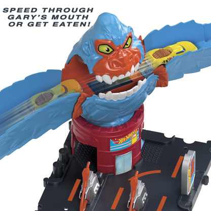 Hot Wheels City Wreck & Ride Gorilla Attack set with car, featuring a gas station theme and connection points for other sets.