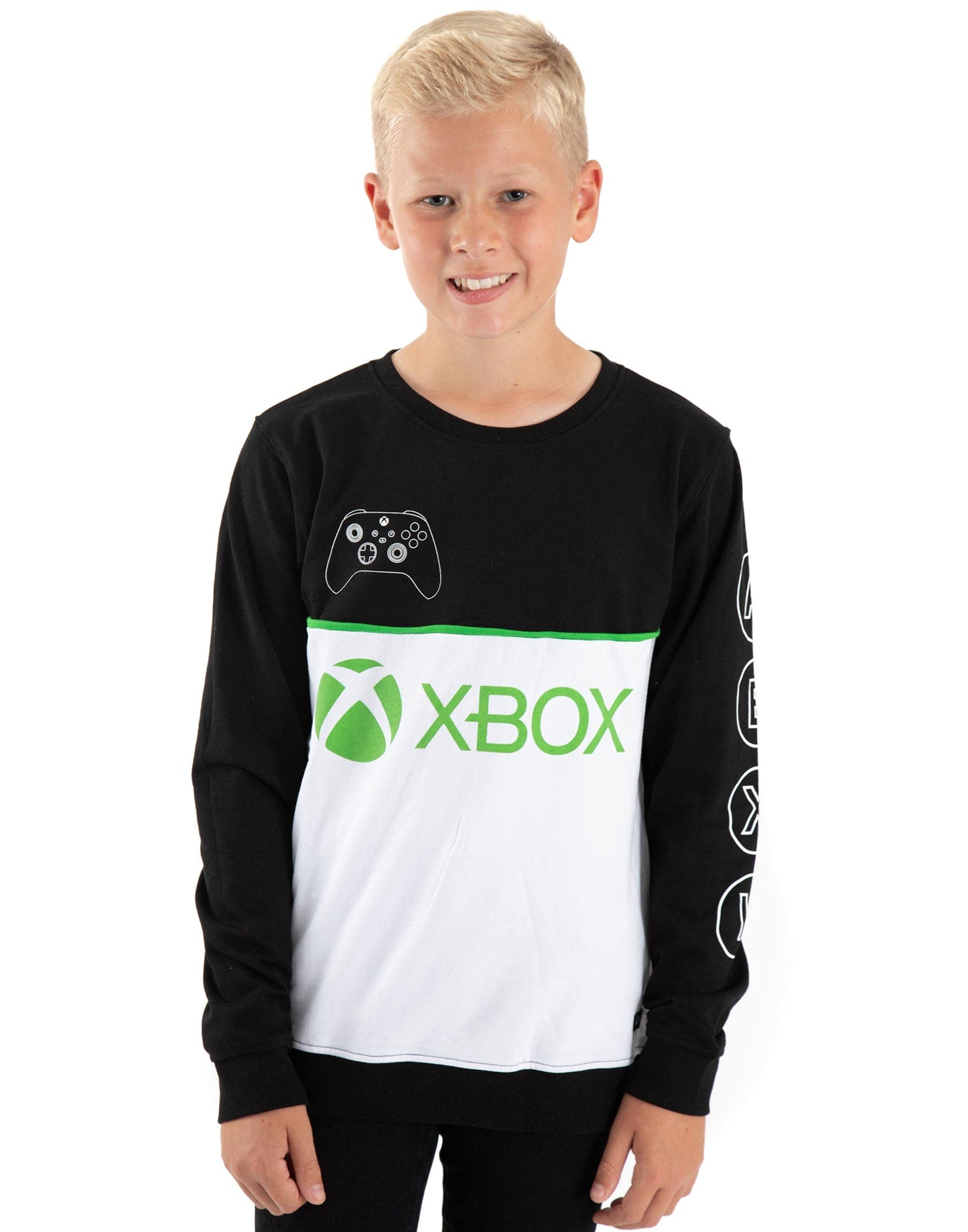 Black and green Xbox sweatshirt for boys and girls featuring a controller graphic, kids' gaming hoodie for ages 14-15.