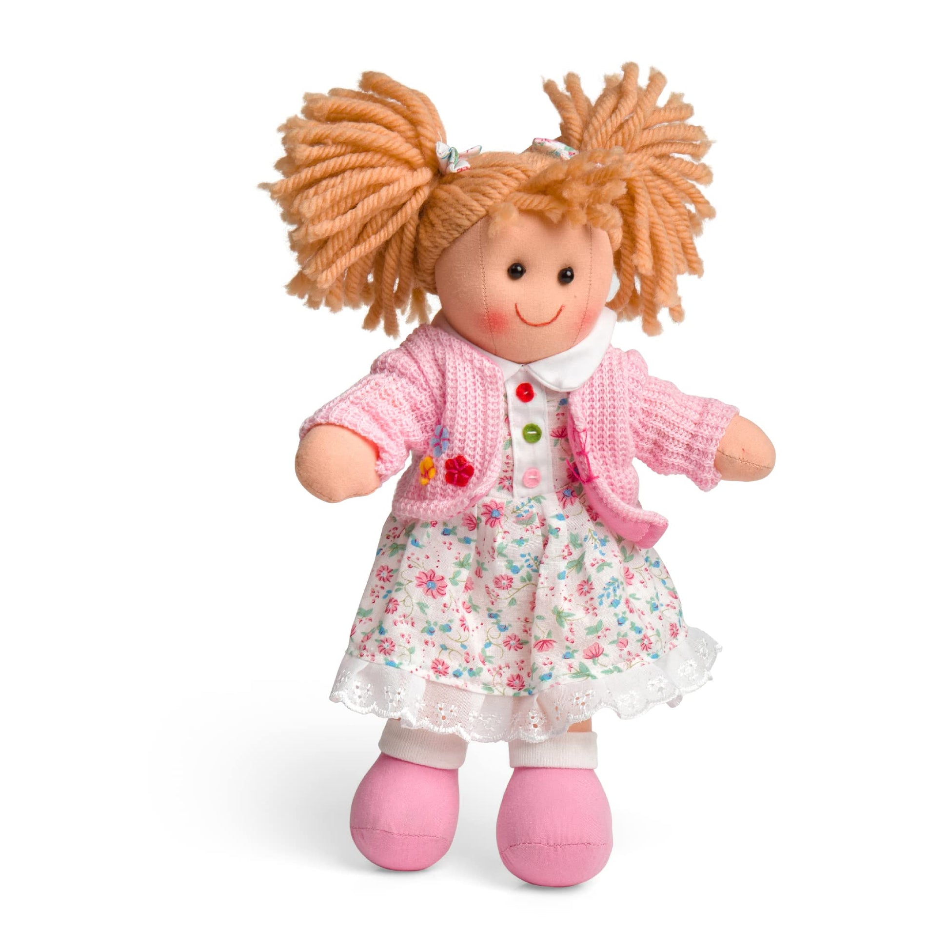 Bigjigs Toys Poppy doll, 28cm plush ragdoll with strawberry blonde pigtails and floral white dress, soft cuddly baby toy.
