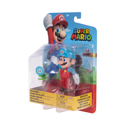 Super Mario Ice Mario action figure with flower accessory from JAKKS Pacific World of Nintendo, 4-inch collectible toy.