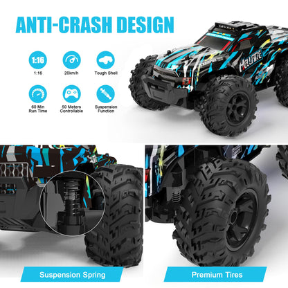 BAZADER 1:18 RC remote control truck with LED lights, off-road tires, high-speed design, spray feature, and 60-minute playtime.