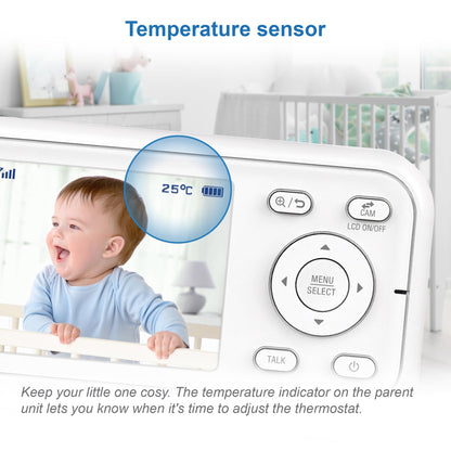 VTech VM3250 video baby monitor with camera, 2.8" LCD, night vision, long-range, 19-hour streaming, and soothing sounds.