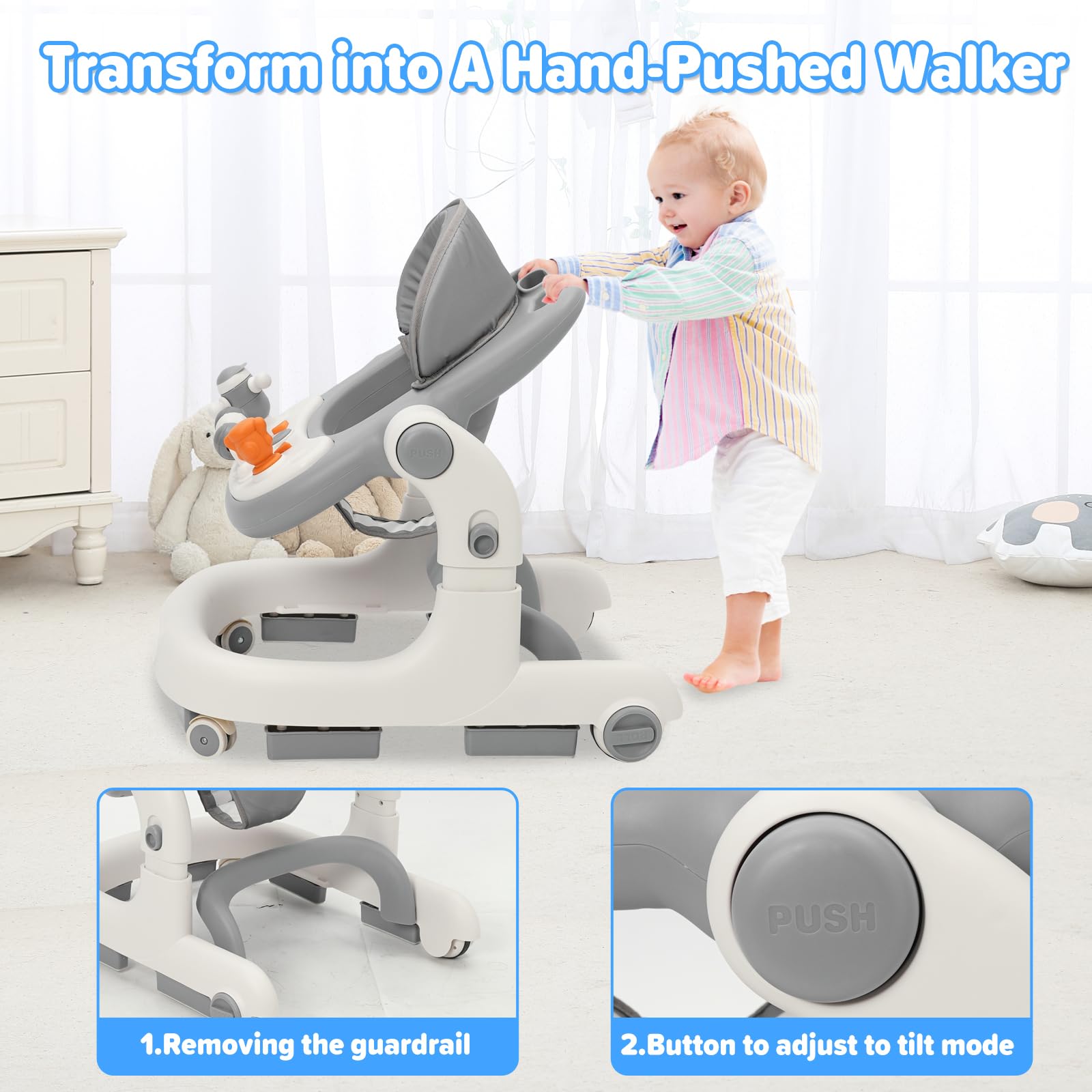 Yosamy 3-in-1 baby walker with lights, music, adjustable height, anti-rollover design, suitable for boys and girls, for ages 6-12 months