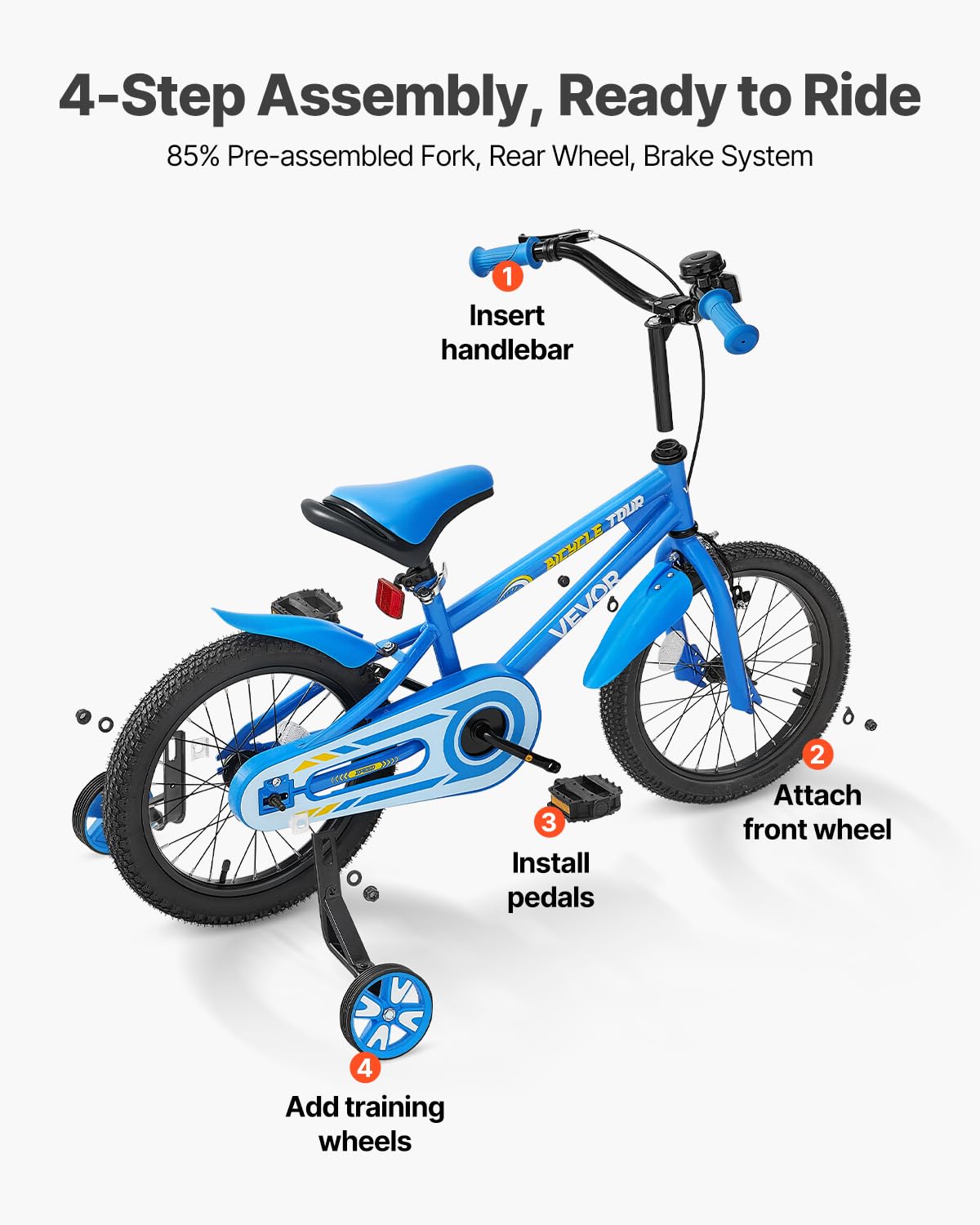 VEVOR Kids Bike, 35.56 cm BMX Style Children Bicycle, Rider Height 90 cm - 115 cm, Training Wheels Included, Sturdy and Easy to Assemble, Toddler Bike for Boys & Girls Learning to Ride, Blue