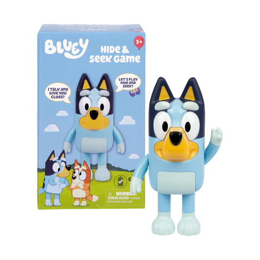 Bluey Hide & Seek Game, Hide the figure and press her nose to start the built-in timer, talks and giggles to help kids find her, When found, kids can Dance To Theme Song