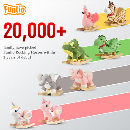 FUNLIO Dinosaur Baby Rocking Horse for Toddlers 1-3 Years, Mighty & Cute Green Plush Rocking Triceratops, Stuffed Ride-on Dinosaur Rocker, Easy to Assemble, CPC & CE Certified