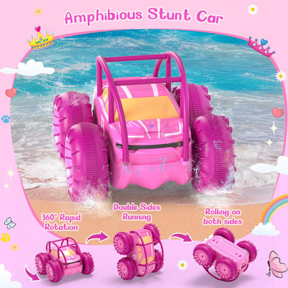 MaxTronic Direct Charging Remote Control Car for Girls, Amphibious RC Cars Toy 2.4G 360° Flips Rotation 15KM/H 4WD All Terrain Stunt Car with Ajustable LED for Kids 3-12 Years Old，Pink