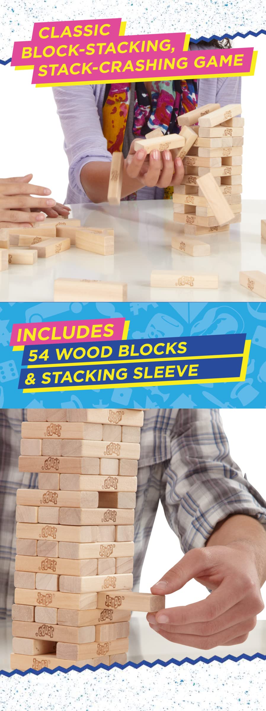 Hasbro Gaming Jenga Family Board Game, Original Wood Block Stacking Game, Quick to Learn Party Game for Kids & Adults, 1+ Players, Ages 6+, Secret Santa Gift
