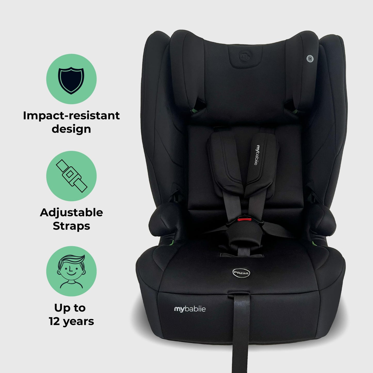 My Babiie MBCS80 Foldable Toddler to Booster R129 Child Car Seat - ISOFIX with Top Tether, Harness, 76-150cm (Approx. 9-36kg, 15 Months - 12 Years), i-Size, Group 1/2/3, Forward Facing - Black